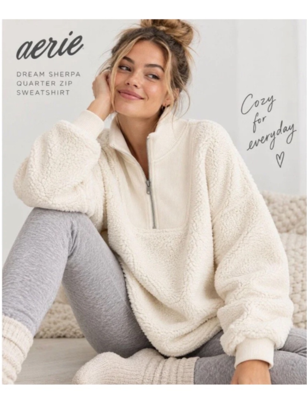 aerie Cream Sherpa Quarter-Zip Pullover